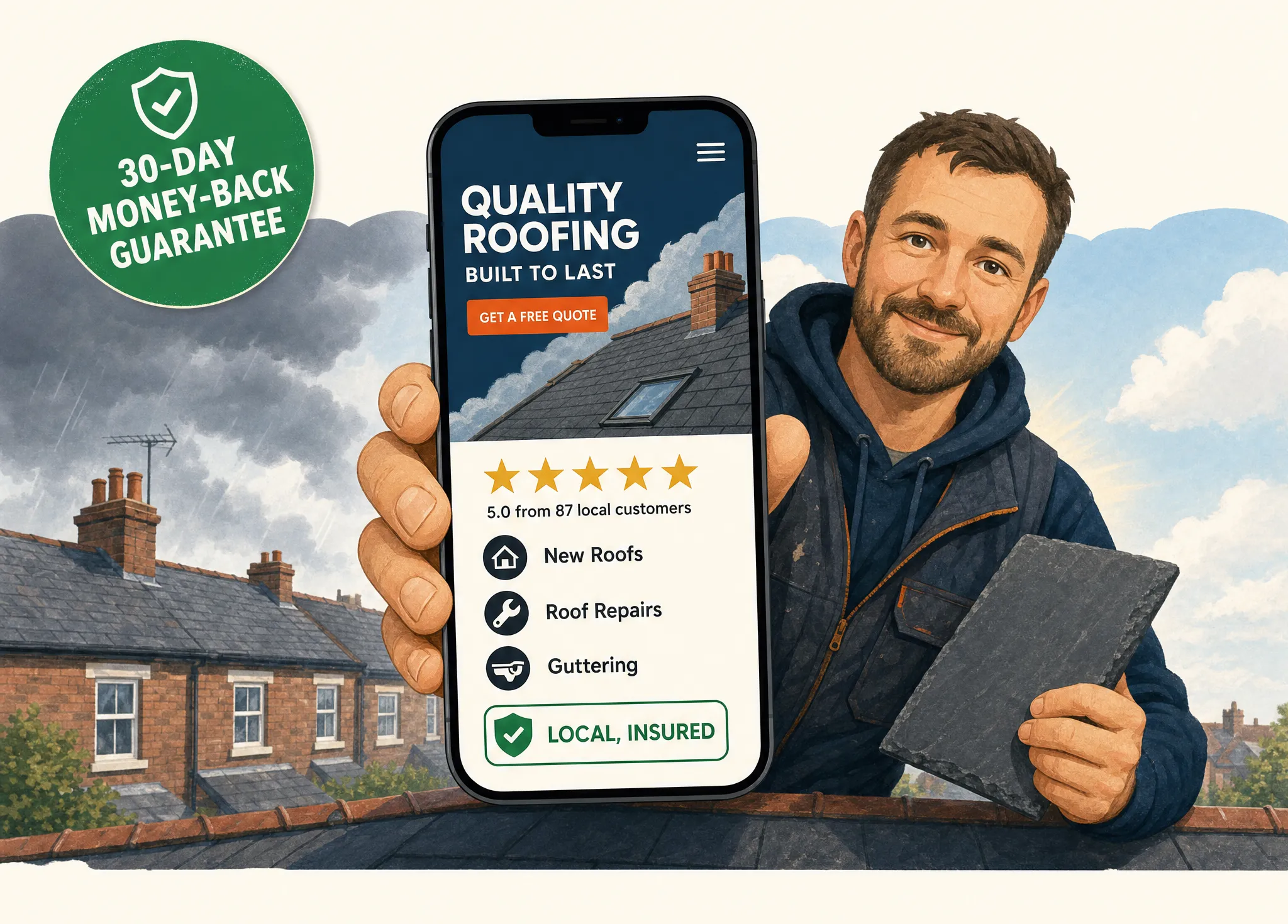 Friendly roofer holding up a phone showing a new website with a big call button and a 30-day money-back guarantee badge