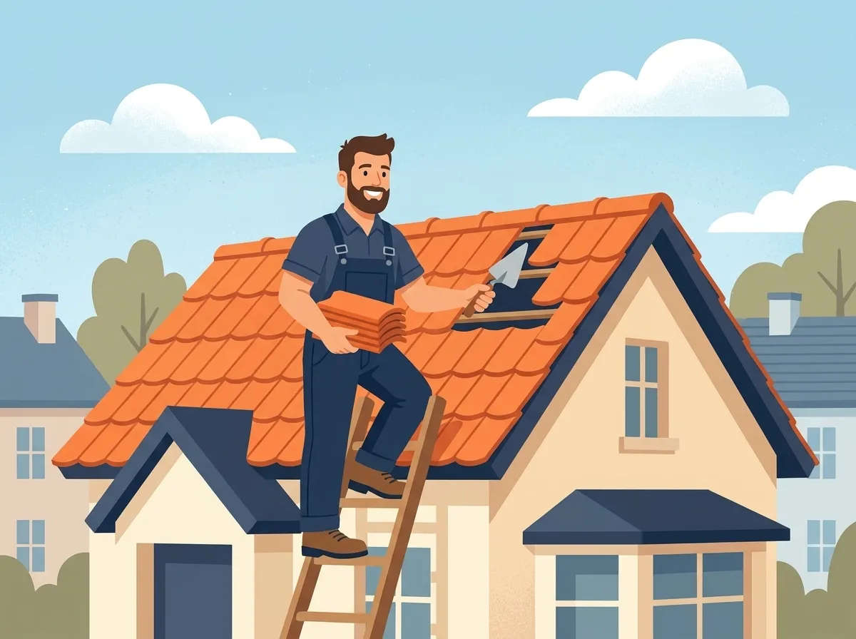 Friendly roofer on a ladder repairing tiles on a house roof