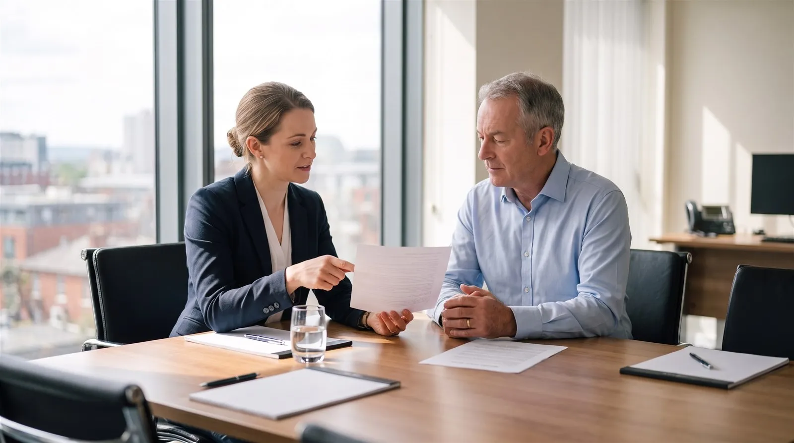 A solicitor explaining a document line by line to a client in the Marlowe and Finch meeting room