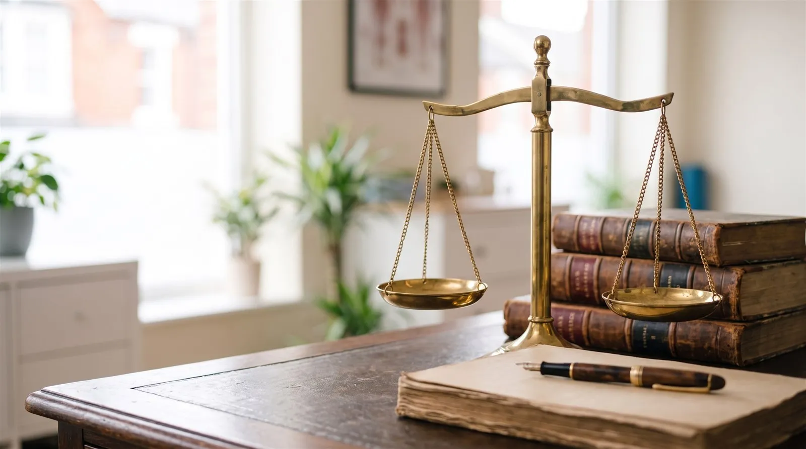 Brass scales of justice in front of a shelf of bound legal volumes at the Marlowe and Finch office
