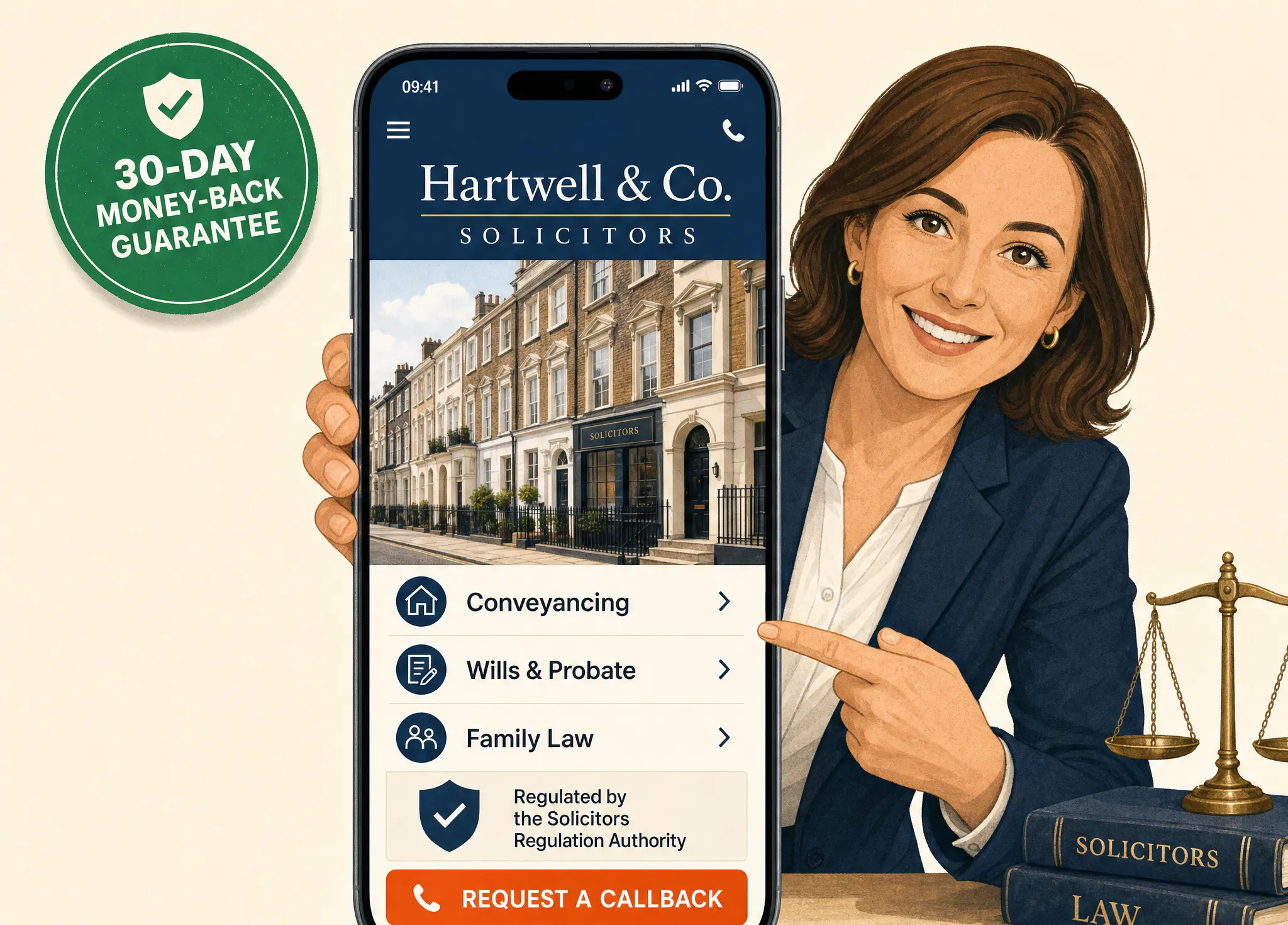 Friendly solicitor holding up a phone showing a new website with a big call button and a 30-day money-back guarantee badge