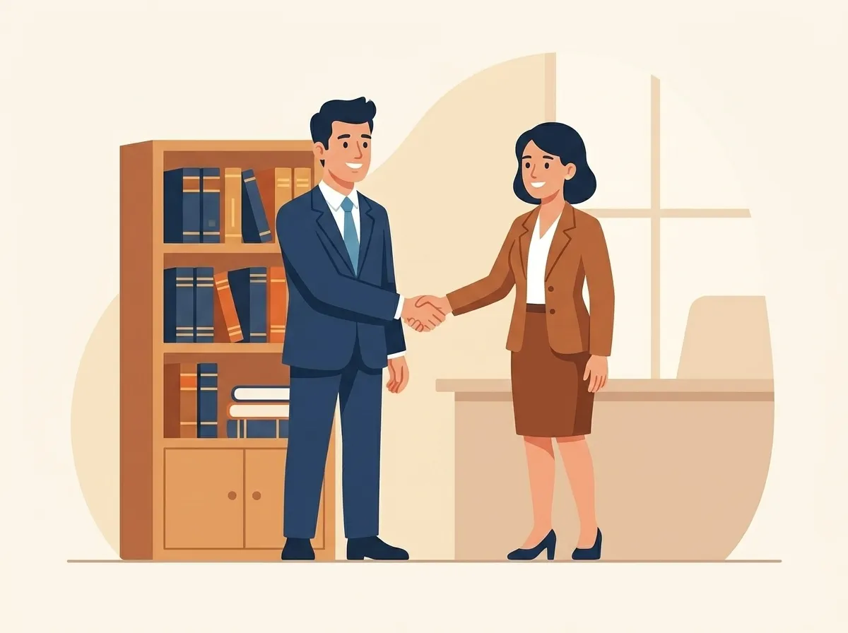 Friendly solicitor shaking hands with a client in a bright modern office