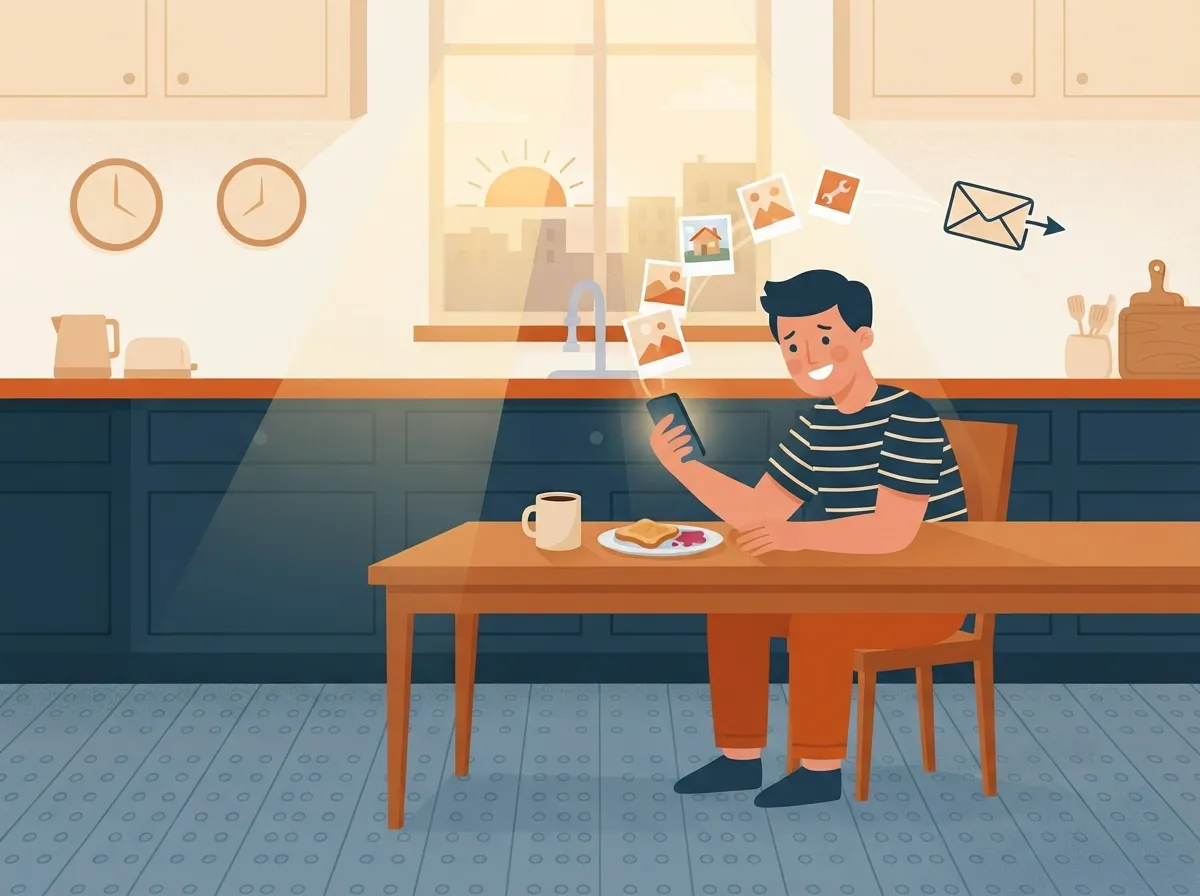 Tradesman at breakfast sending photos and details from his phone