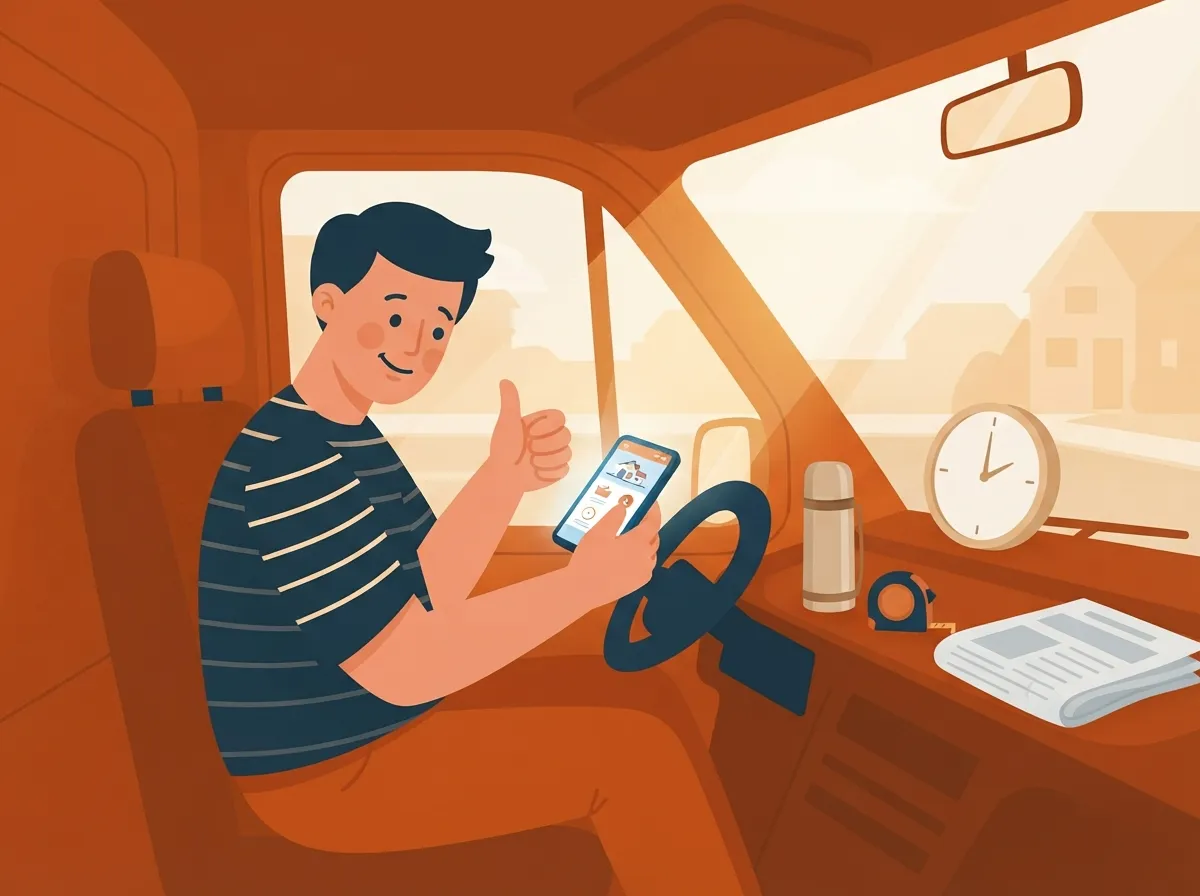 Tradesman in his van giving a thumbs up while reviewing the draft site on his phone