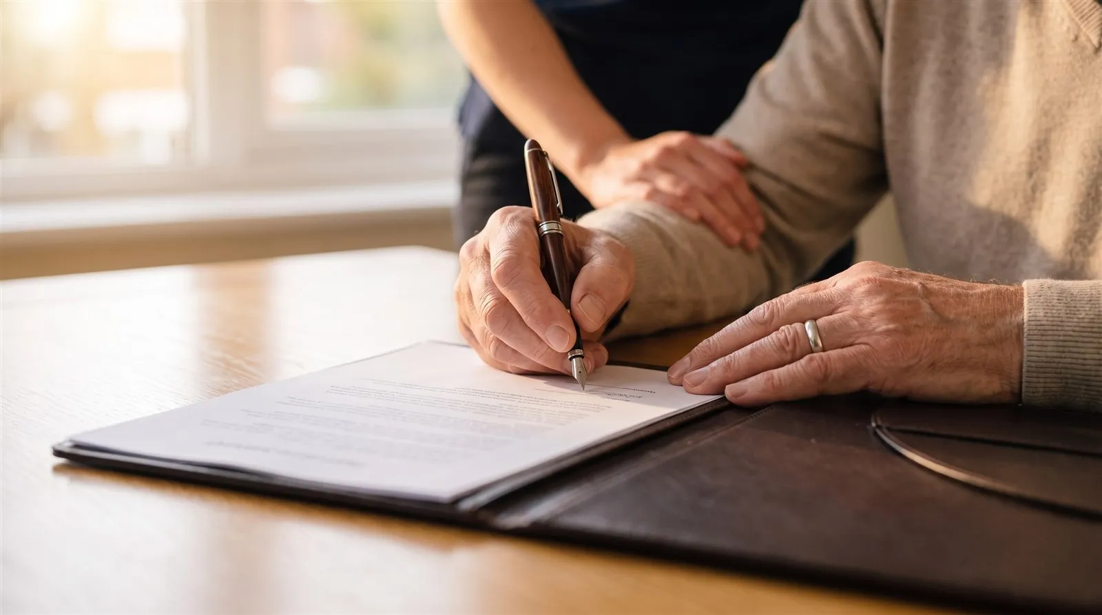 A close-up of a will being signed with a fountain pen