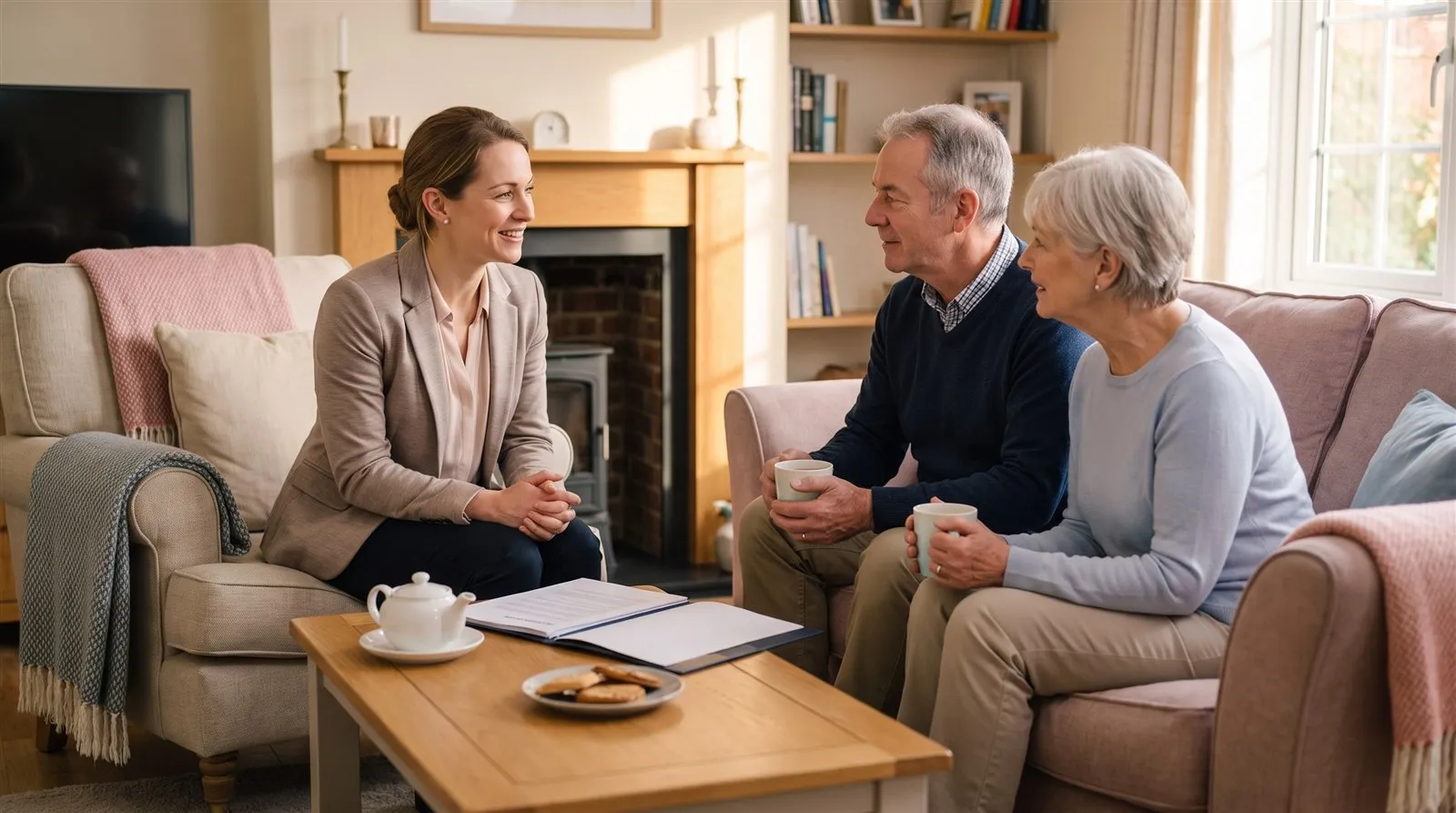 A relaxed home visit in a living room, talking through paperwork over tea