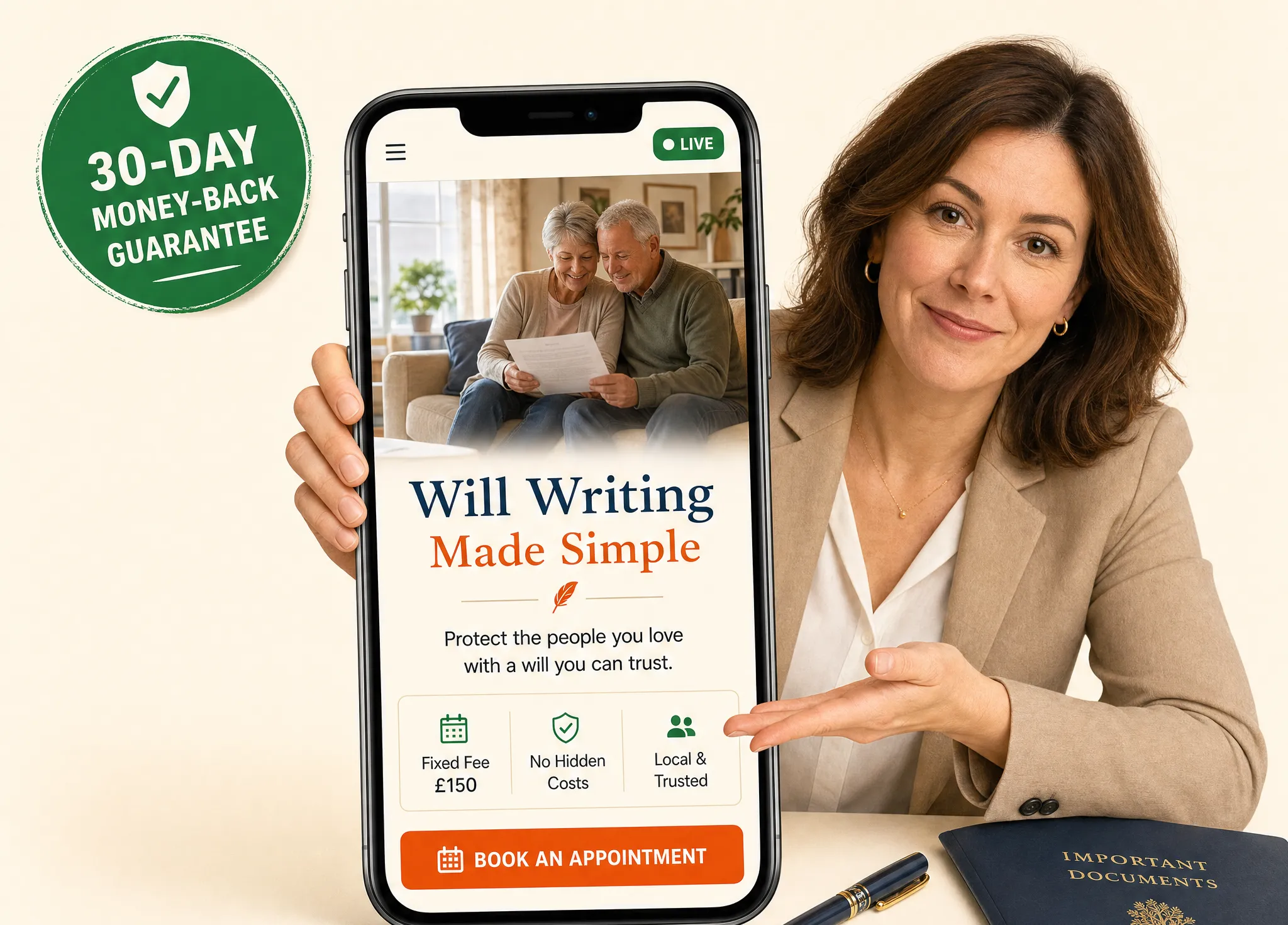 Friendly will writer holding up a phone showing a new website with a big call button and a 30-day money-back guarantee badge